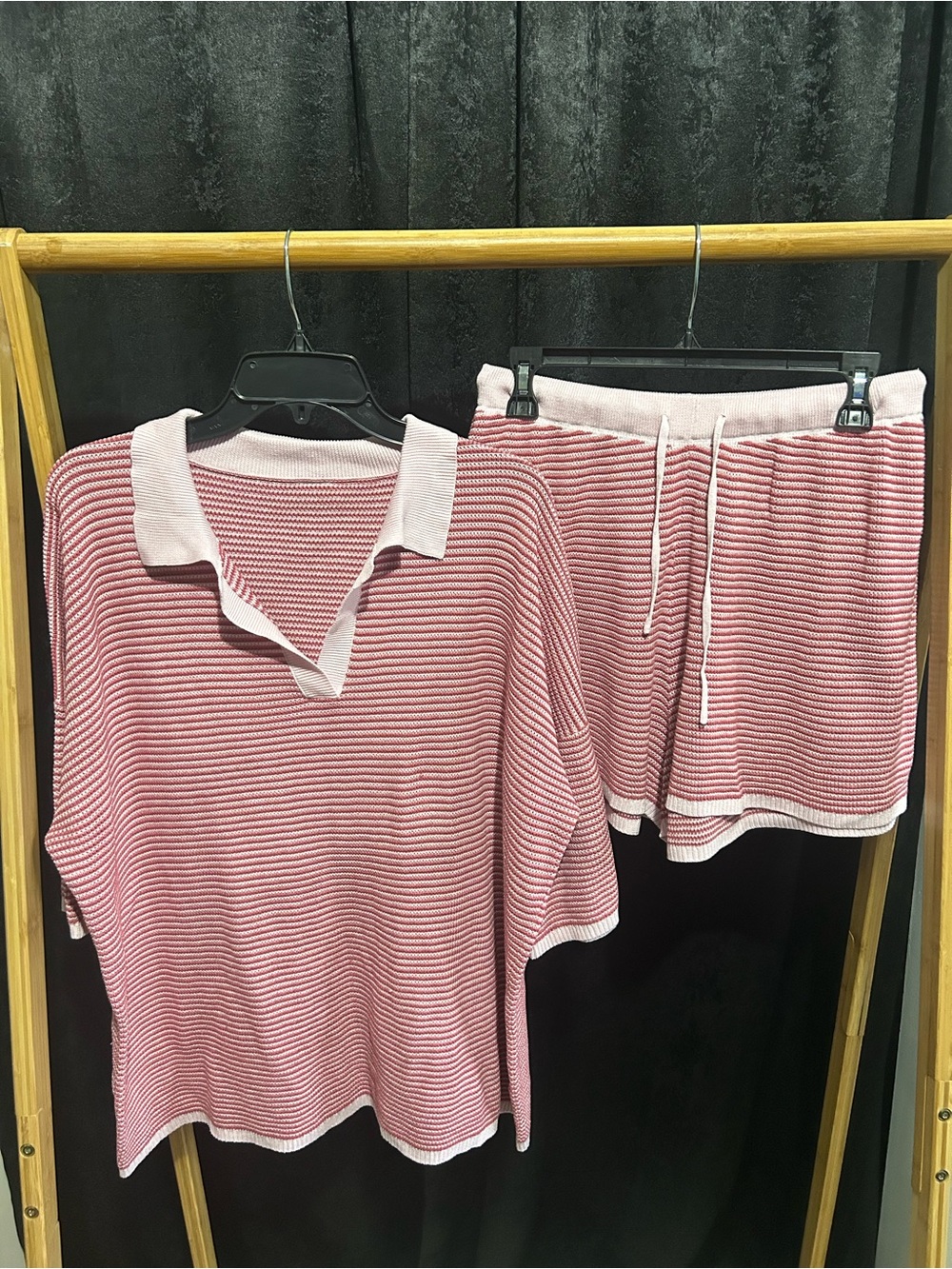 Striped Pink Knit Polo Top & Shorts Set